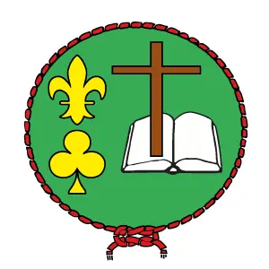 Logo des EEF, comporte une Bible ouverte, une croix, une fleur de lys, le tout entourée d'une corde fermée par un nœud plat