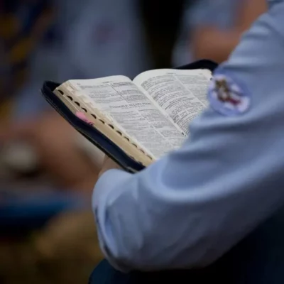 Louveteau de dos tenant une Bible ouverte sur ses genoux