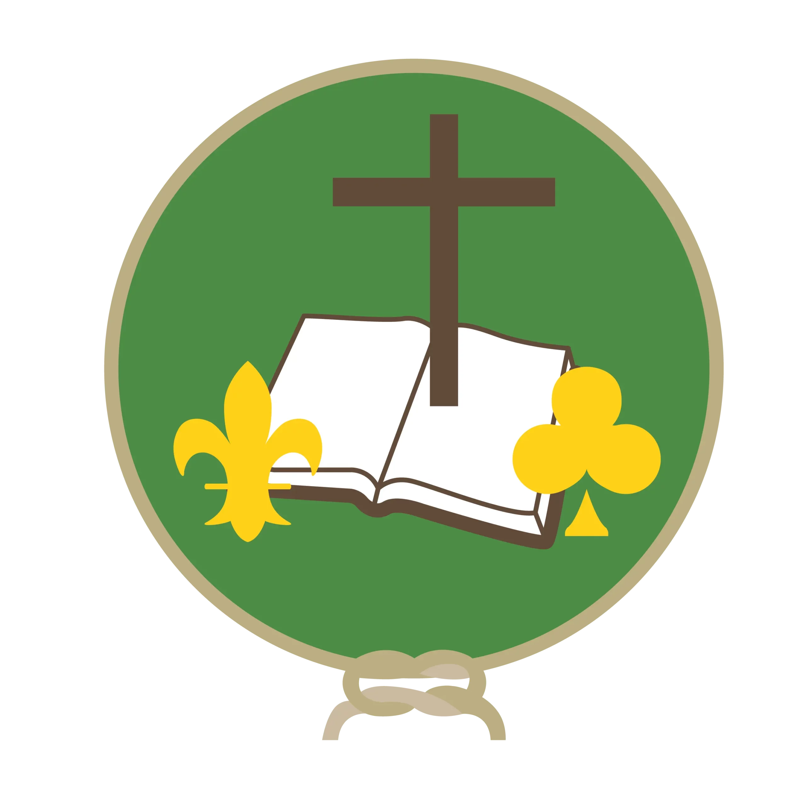 Logo des EEF, comporte une Bible ouverte d'où sort une croix, encadrée par une fleur de lys et un trèfle, sur fond vert. Le tout est entouré d'une corde fermée par un nœud plat.